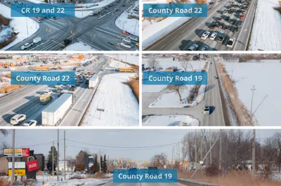 Aerial views of traffic at the intersection of County Road 19 and County Road 22.