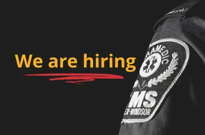 We are hiring. An Essex-Windsor EMS paramedic' shoulder patch.