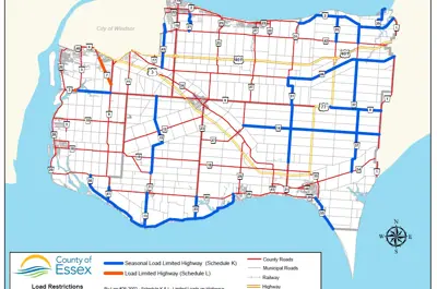 A map of Essex County showing county roads with load restrictions in March 2025.