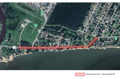 A map of the study area along County Road 50 between 690 Heritage Road and Lake Drive in Kingsville