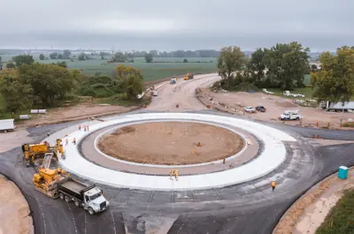 An aerial view of the County Road 42 roundabout under construction in August 2024.