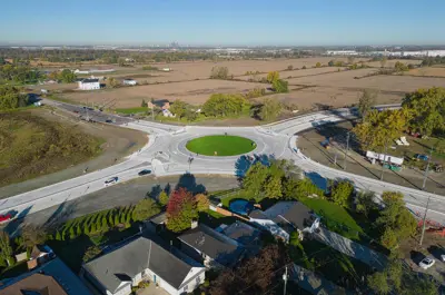 An aerial view of the roundabout at the intersections of County Road 42 and County Road 43.