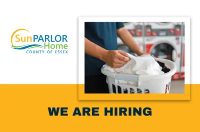 The Sun Parlor Home logo. Join our team. A laundry aide folding dried sheets into a basket.