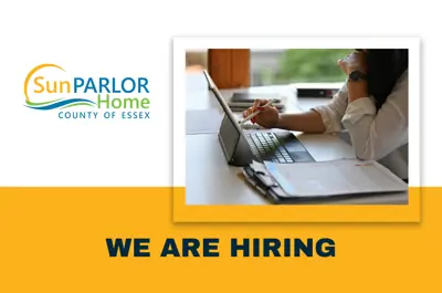 The Sun Parlor Home logo. An administrative assistant at work. We are hiring!