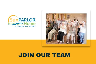 Sun Parlor Home logo. Join our team. Seniors raising their arms in a life enrichment exercise.