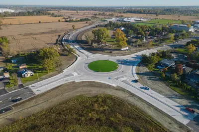 An aerial view of the roundabout at the intersection of County Road 42 and County Road 43