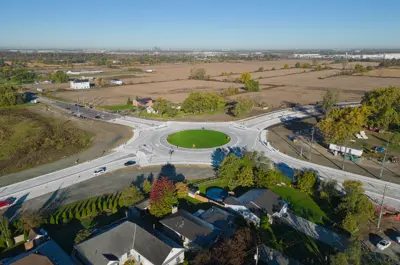 An aerial view of the roundabout at the intersection of County Road 42 and County Road 43