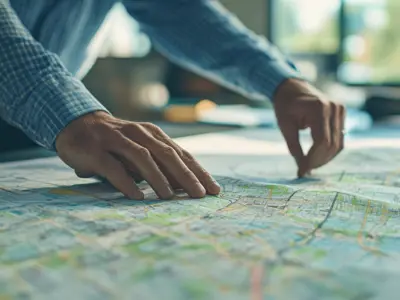 A planner's hands on a map