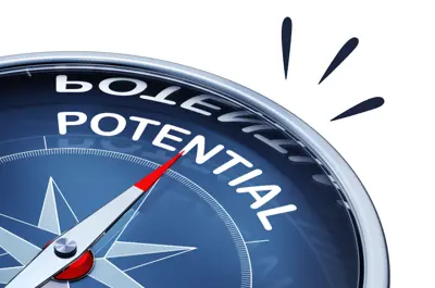 A compass pointing to the word &quot;potential.&quot;