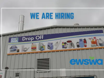 We are hiring. A building and sign at the EWSWA waste diversion site in Windsor. The EWSWA logo.