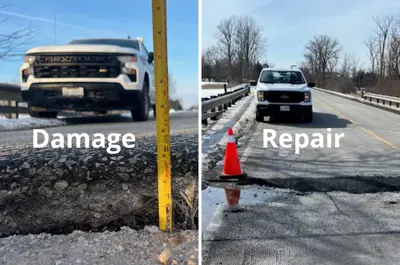 A County of Essex road damaged by freezing before and after a repair.