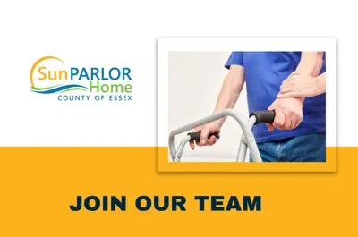 Sun Parlor Home logo. Join our team. Two hands holding a walker and another hand assisting.