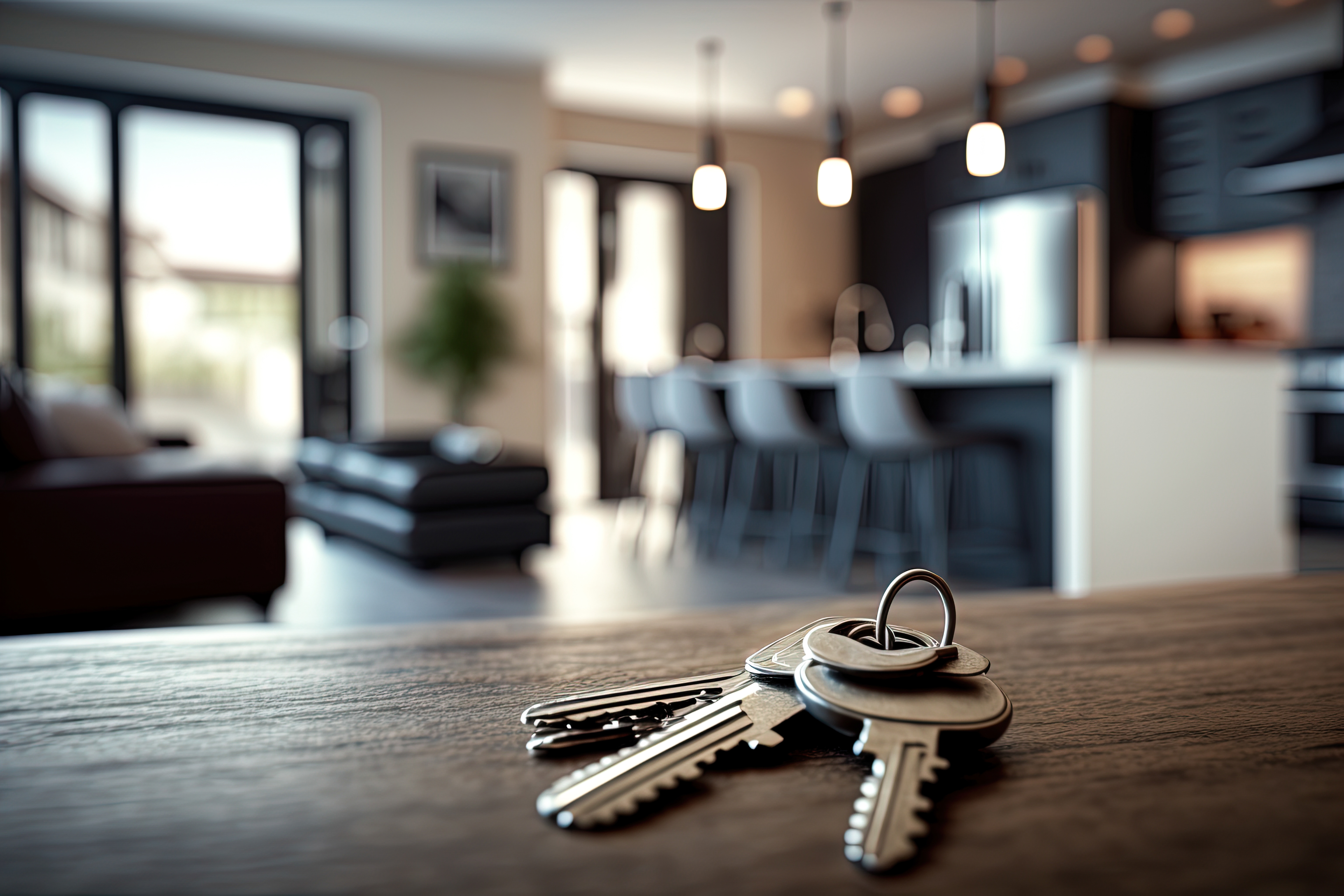 Keys on a counter with a blurred living space in the background.