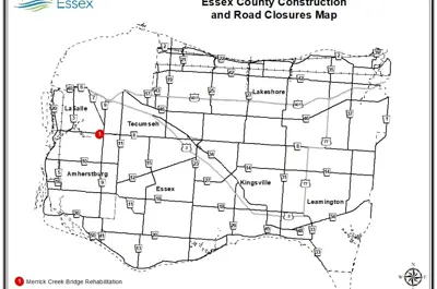 A map of Essex County showing the location of the Merrick Creek Bridge, where County Road 8 will be closed for construction on the bridge.